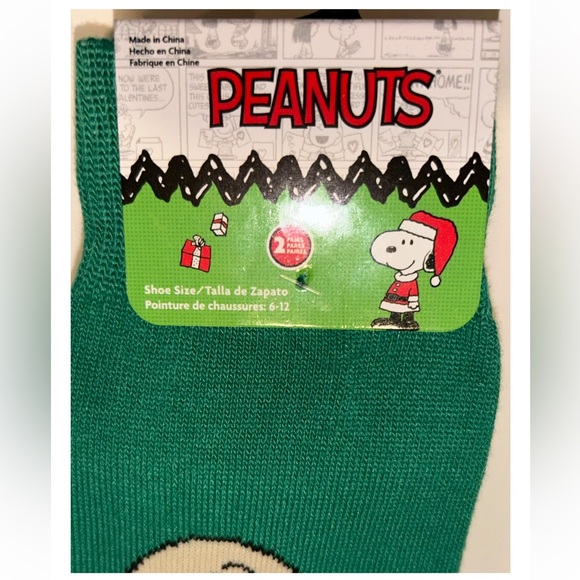 Peanuts Charlie Brown Snoopy Woodstock Crew Socks 1Pair Men 6-12 Green Christmas - Picture 2 of 11